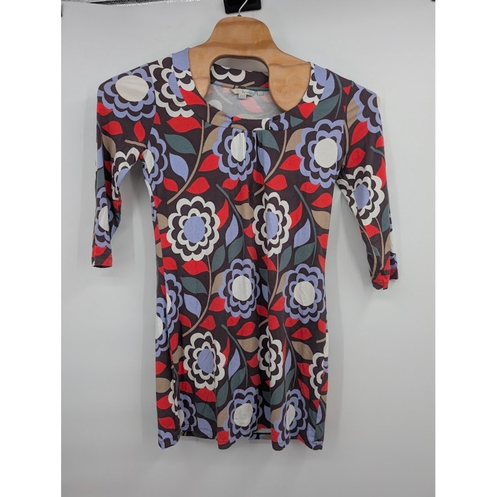 Boden Gathered Band Tunic Dress Retro Floral Jersey 3/4 sleeve US sz 10